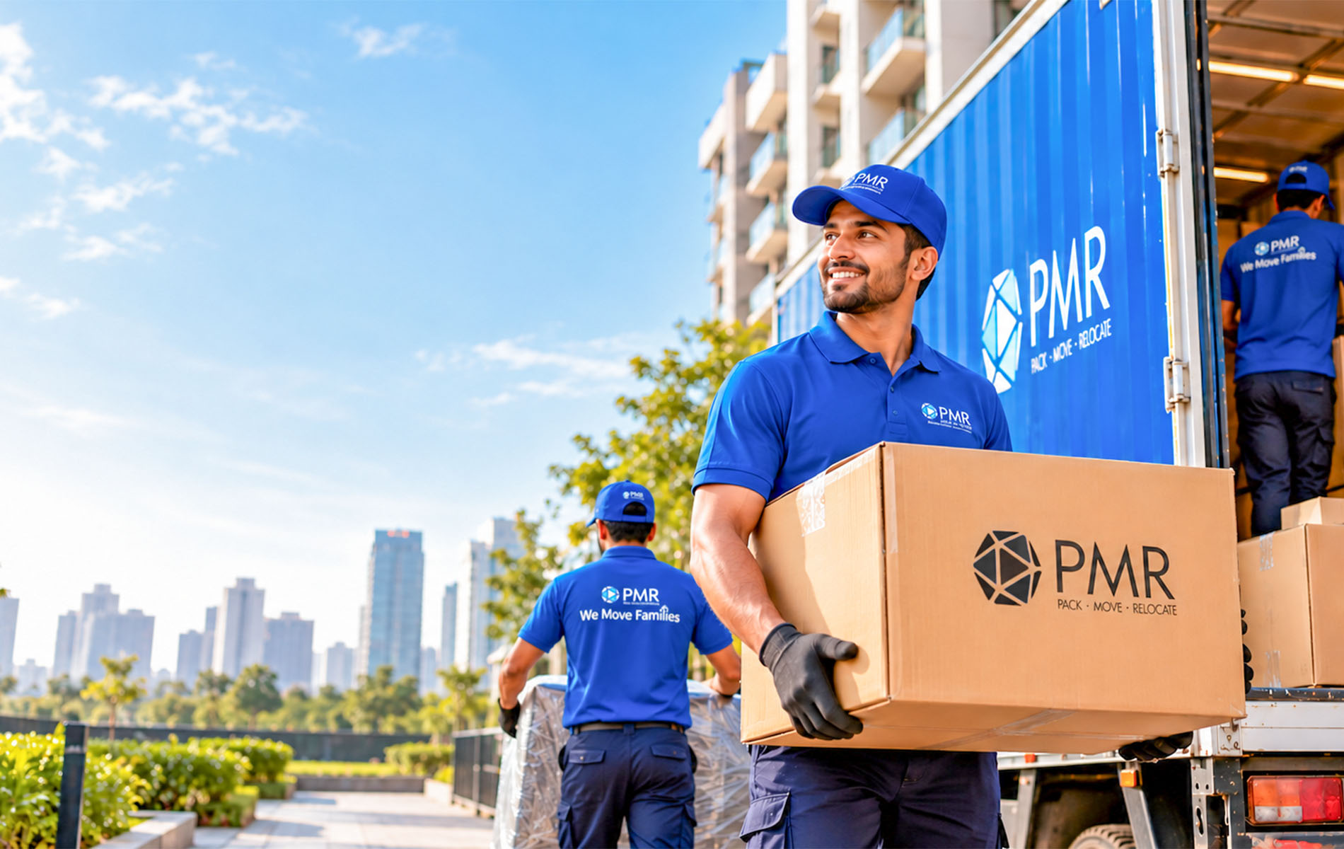 PM Relocations professional movers carrying relocation boxes